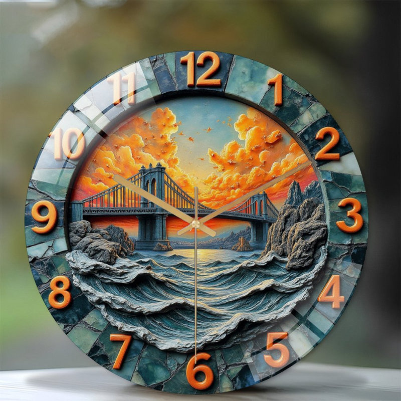 Horloge murale paysage avec pont et coucher de soleil - Horloge murale moderne en verre 12 po