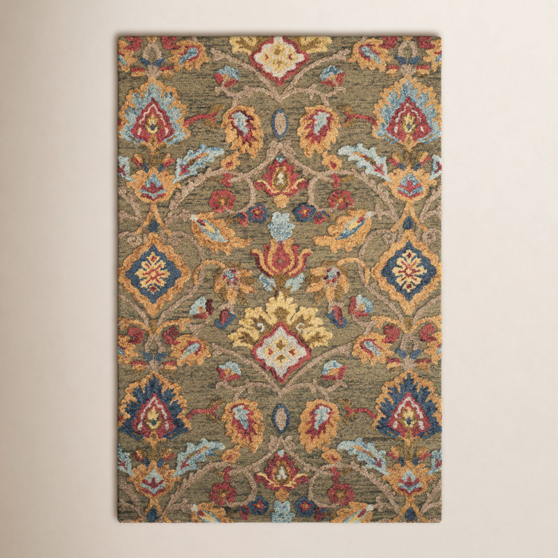 Tapis vert / multicolore en laine fait à la main Tansy, Rectangle 2 pi x 3 pi