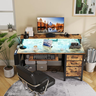 Brown Office Desk With File Cabinet - Computer Desk With Keyboard Tray Drawers Storage Monitor Stand
