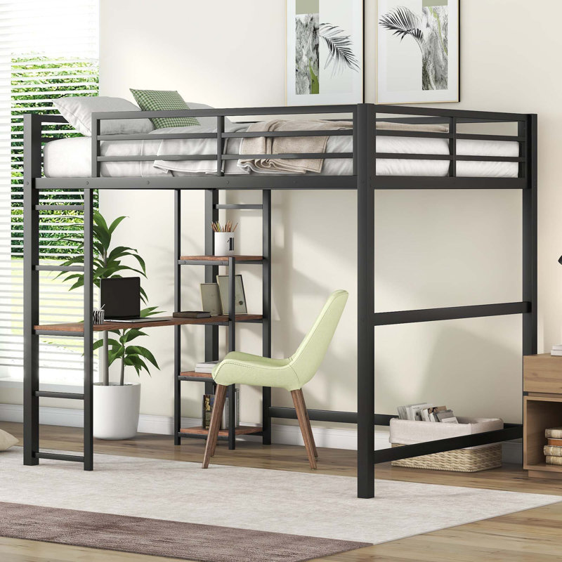 Metal Loft Bed With Built-In Desk And Storage Shelves