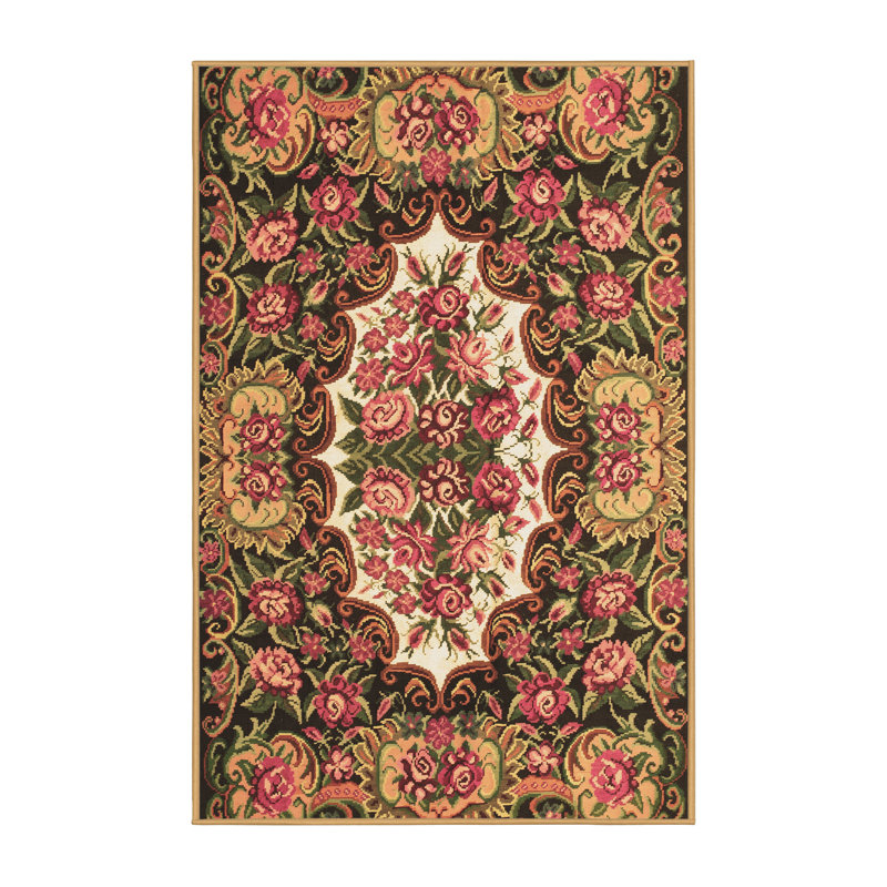 Tapis floral en laine / polyester tissé à la machine Pehanick de couleur saumon / olive / vert mer foncé