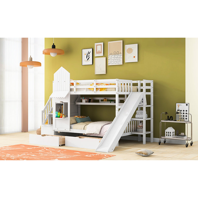 Lit superposé blanc Twintwin avec 2 tiroirs, 3 tablettes, glissade, construction, cadre de croissance idéal, croissance