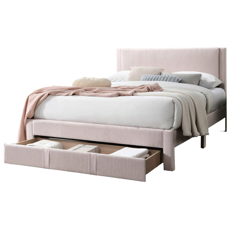 Grand lit contemporain avec tête de lit en velours côtelé rose et tiroir de rangement sous le lit, aucun sommier nécessaire