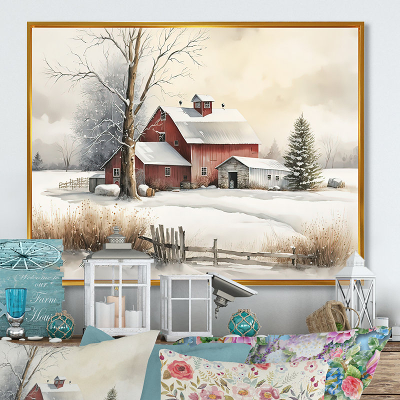«Yellow Church pendant l'hiver II», art mural paysage religieux, Cadre flottant doré, H 12 po x l 20 po x P 1 po