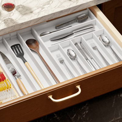 Bamboo Silverware Drawer Organizer With Labels, Kitchen Utensil Expandable Tray Holder Organizer For Flatware, Cutlery, Spoon And Knives Drawer Storage Organization (White, 10 Slots)