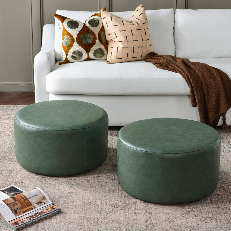 24" Wide Faux Leather Round Upholstered Ottoman Set Of 2, Green