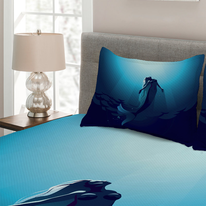 King Size Blue Mermaid Quilted Bedspread Set with Shams