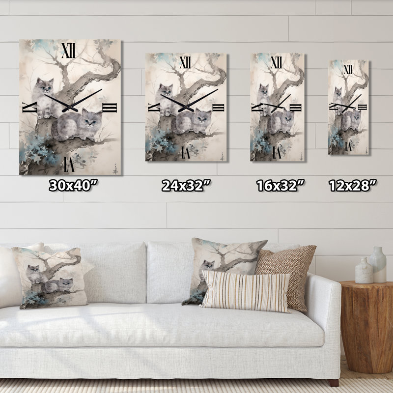 Deux chats gris dans un arbre, peinture rétro - animaux, chat, horloge murale rétro, Petit