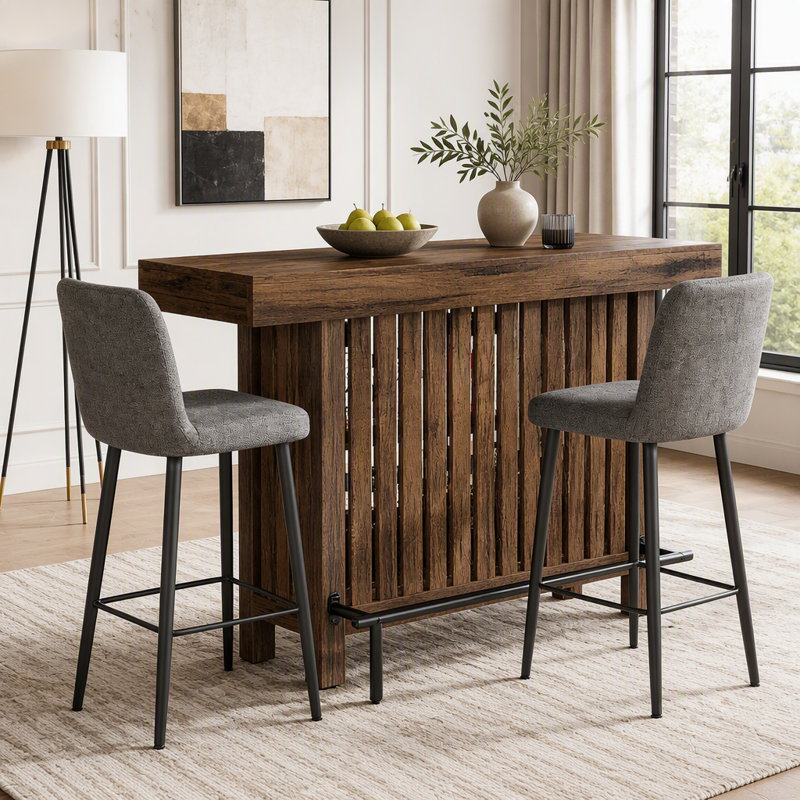 Table de bar à 2 niveaux avec rangement et design moderne, Brun rustique