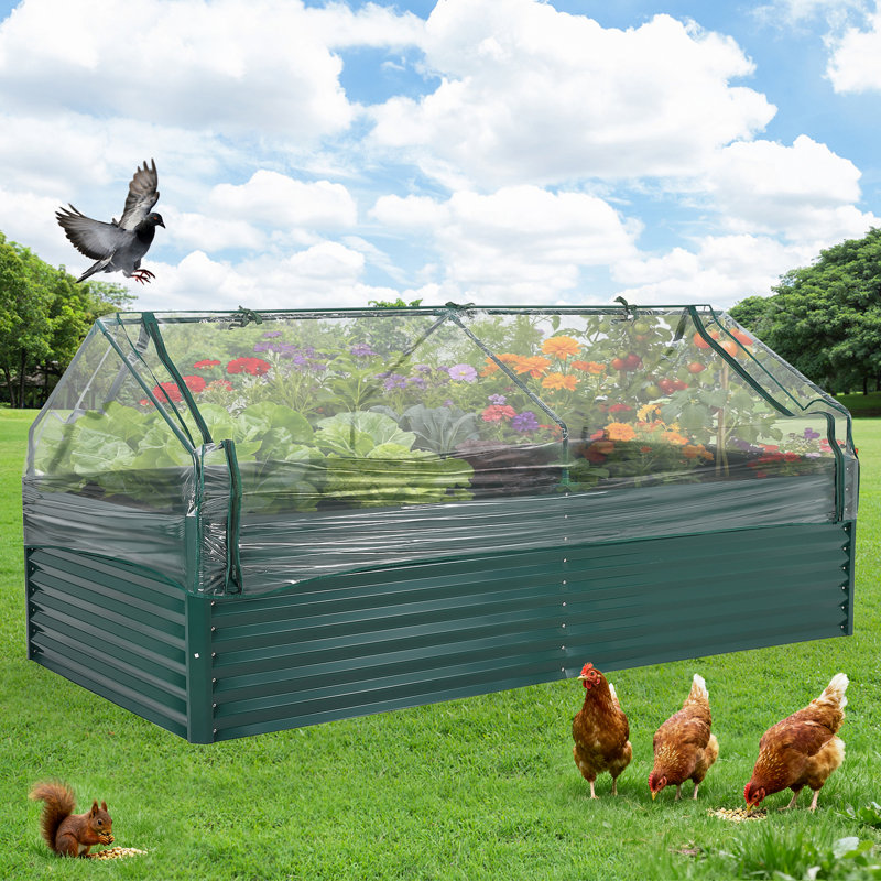 8x4x2 Ft Galvanized Raised Garden Bed Kit with Zippered Cover Doors Open Base Planter Box for Vegetables Flowers Thick Steel Construction Easy Assembly
