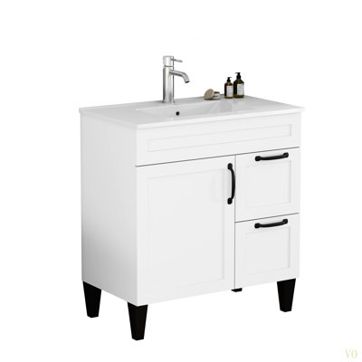 Meuble-lavabo de 31,5 po avec lavabo combiné, armoire avec 1 porte et 2 poignées en métal, charnière à fermeture en douceur, armoire de salle de bain Mordern, lavabo en céramique, assemblage facile