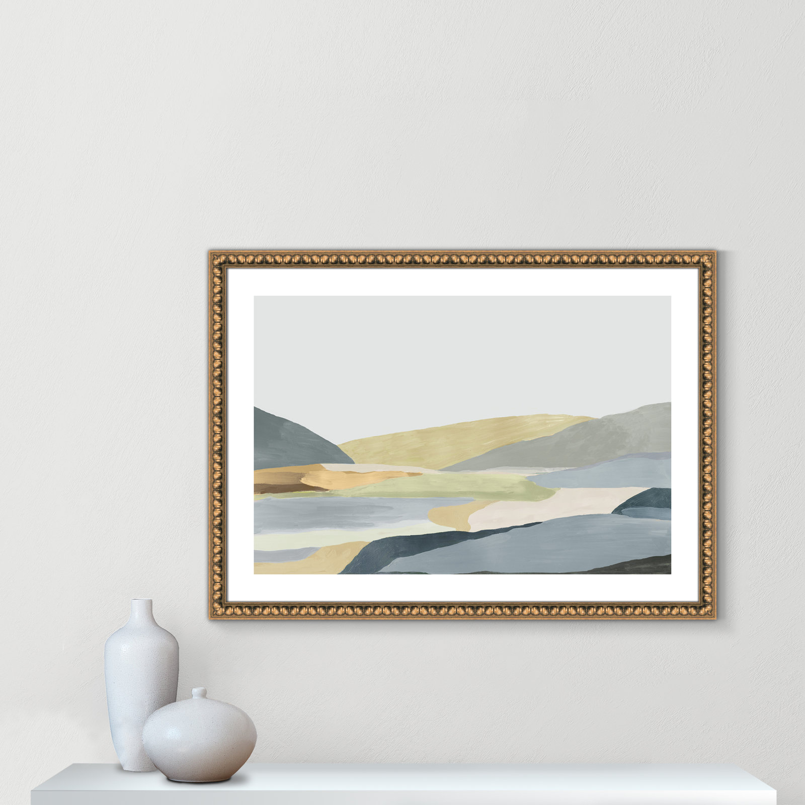 Blair "Warm Hills II" Painting, Gold Bead Framed Paper, 26.5" H x 36.5" W x 1.13" D