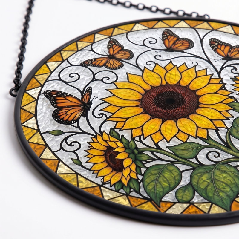 8‘’ Sunflower Stained Glass Suncatcher, Window Hanging Panel