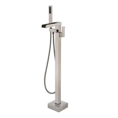 Waterfall Single-handle Freestanding Floor Mount Tub Filler Faucet With Square Hand Held Shower Modern In Brushed Nickel
