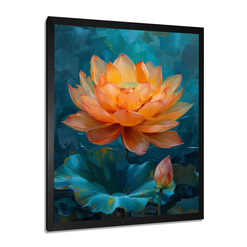 «Vibrant Orange and Blue Lotus Bloom II», impression d'art mural Lotus, Cadre simple noir, H 24 po x l 32 po