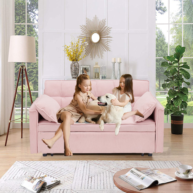 Causeuse convertible Jashlyn, canapé-lit pour petits appartements, Velours côtelé rose