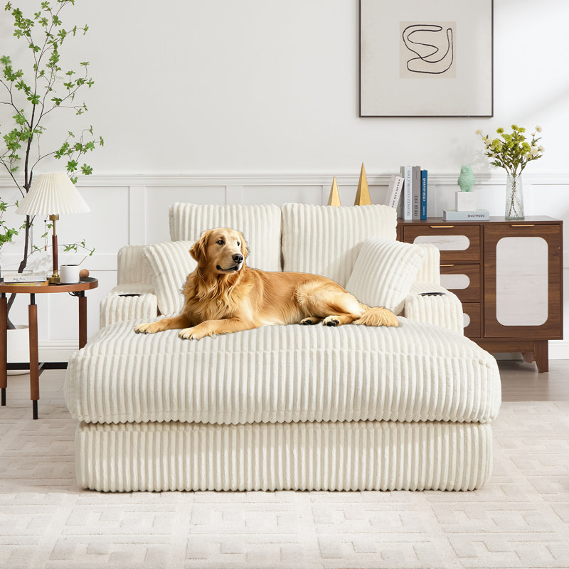  Chaise longue rembourrée en velours côtelé, fauteuil moelleux pour le salon, fauteuil-lit avec oreiller, poche latérale et porte-gobelet