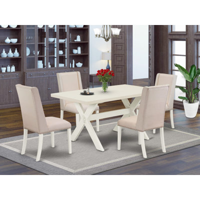 Ensemble de salle à manger 5 pièces pour 4 personnes comprenant une table rectangulaire à pattes en X et 4 chaises de salle à manger Parson en lin couleur crème, multicolore