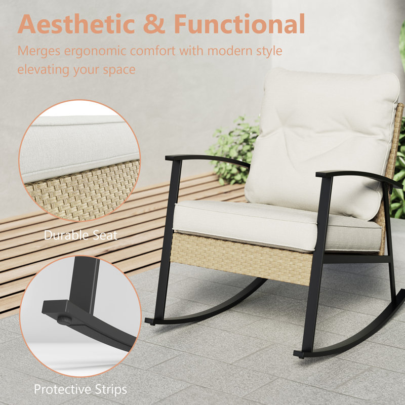3 PCS Patio Seating Group, Rocking Chair Sets with Cushions and Metal Coffee Table, Beige