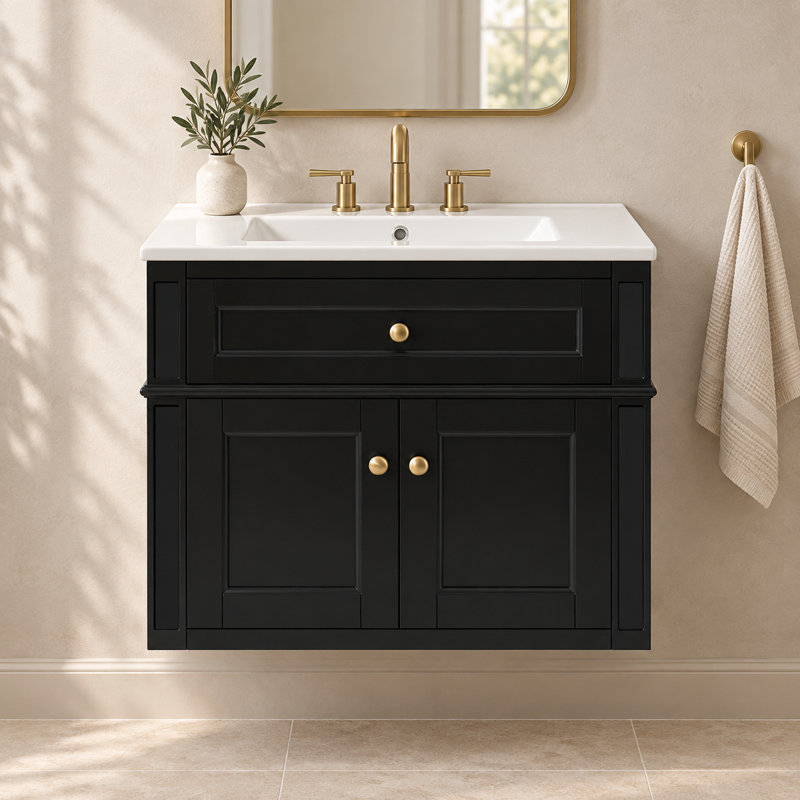 Meuble-lavabo mural de 61 cm (24 po) avec lavabo en céramique, armoire à 2 portes avec tiroir basculant, charnières à fermeture amortie et dos ouvert, noir