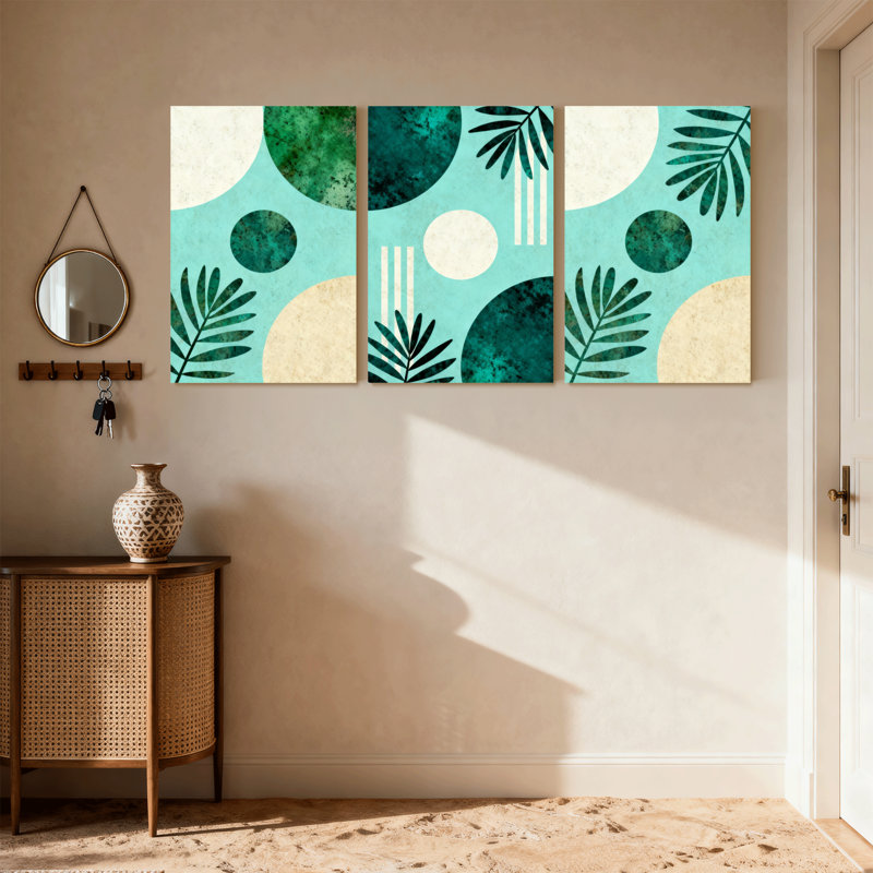 Ensemble de 3 reproductions d'art contemporain sur toile à motif abstrait de feuilles tropicales et de cercles