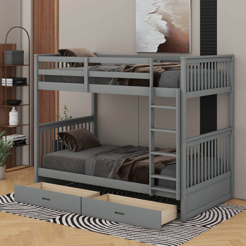 Bunk Bed With Ladder And Storage Drawers, Grey, Twin Over Twin