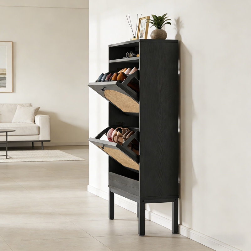 Flip-Door Shoe Cabinet With Charging Station, Black