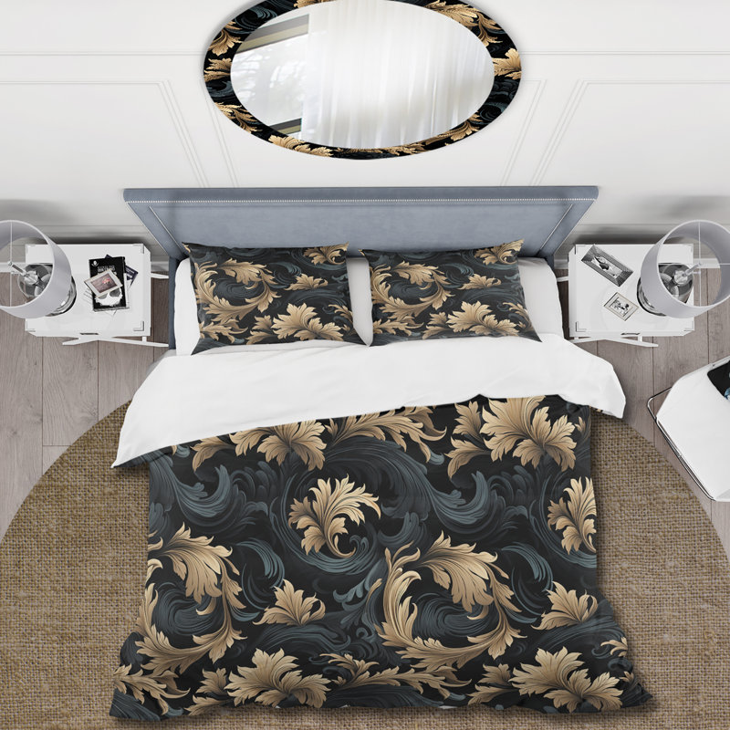 Ensemble de housse de couette fleurs de damas noires et dorées III, Housse de couette simple + 1 taie décorative stan