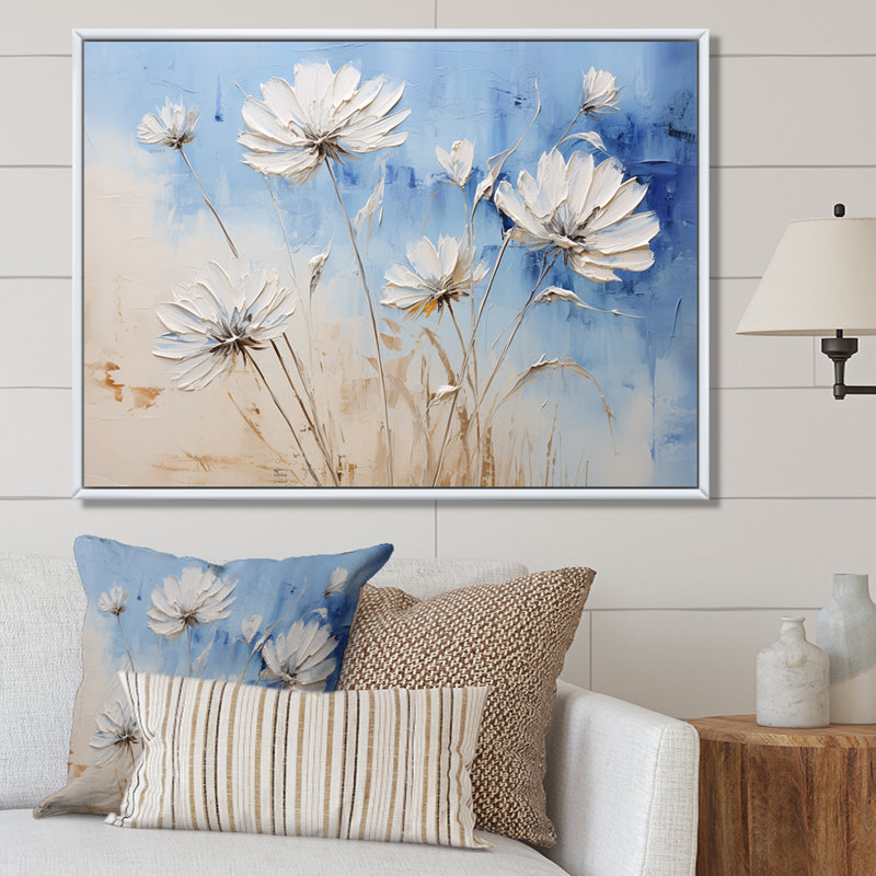 «Minimal Beige and Blue Cornflowers Expression I», impressions d'art mural, H 24 po x l 32 po x P 1 po