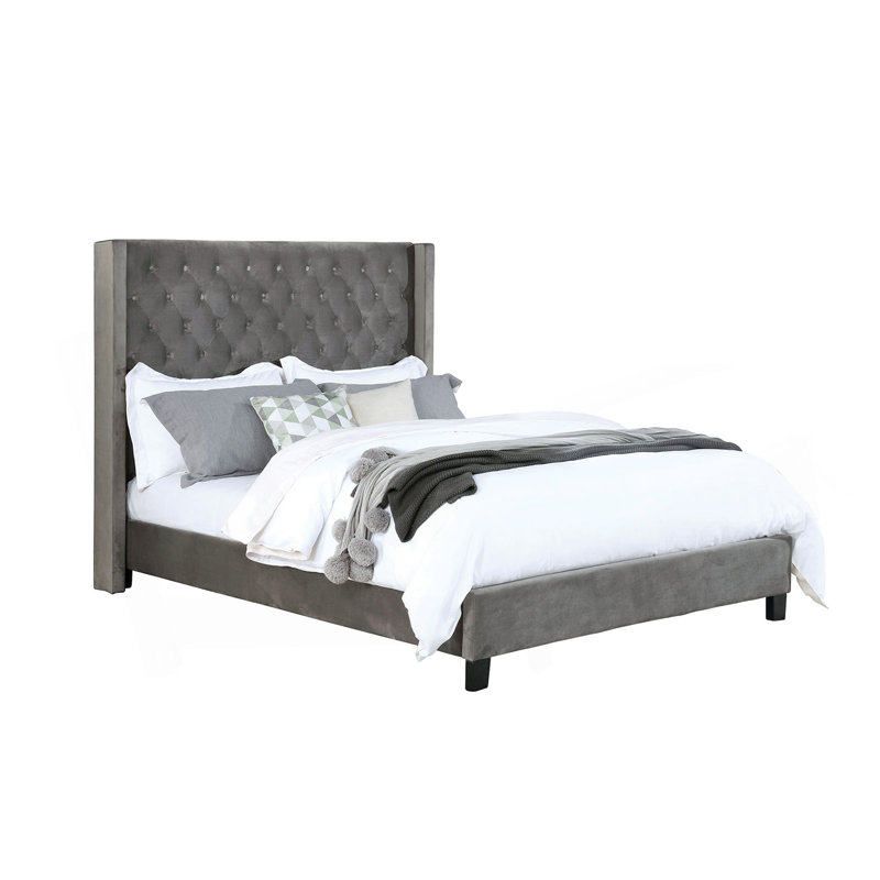 Élégant lit 1pc entièrement rembourré avec structure capitonnée pour chambre à coucher, Gris, Grand lit