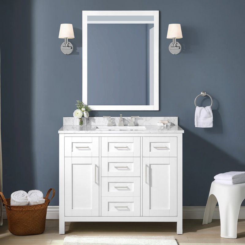 OVE Tahoe 42 in. Freestanding Single Sink Vanity Kit in Pure White with Mirror, White Engineered Stone Top and Brushed Nickel Hardware