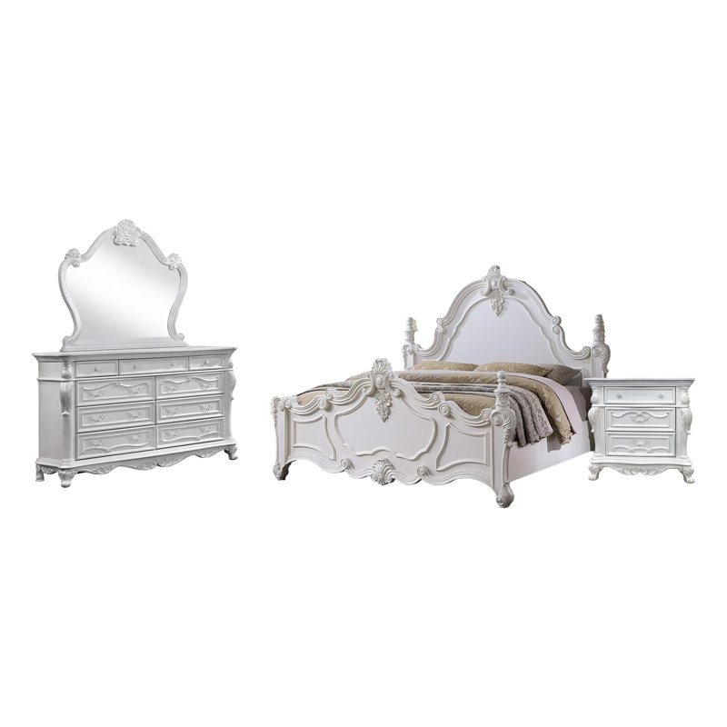 Ensemble de grand lit 4 pièces Frank, miroir de commode en bois massif blanc, Blanc