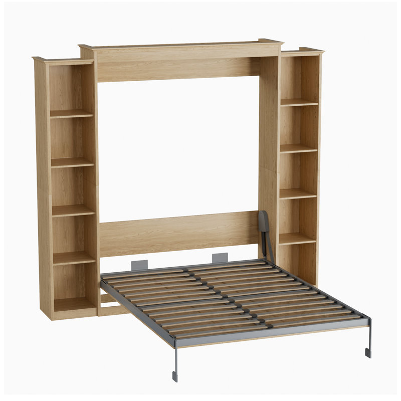 Grand lit escamotable mural avec tablettes de rangement, Naturel , Grand lit