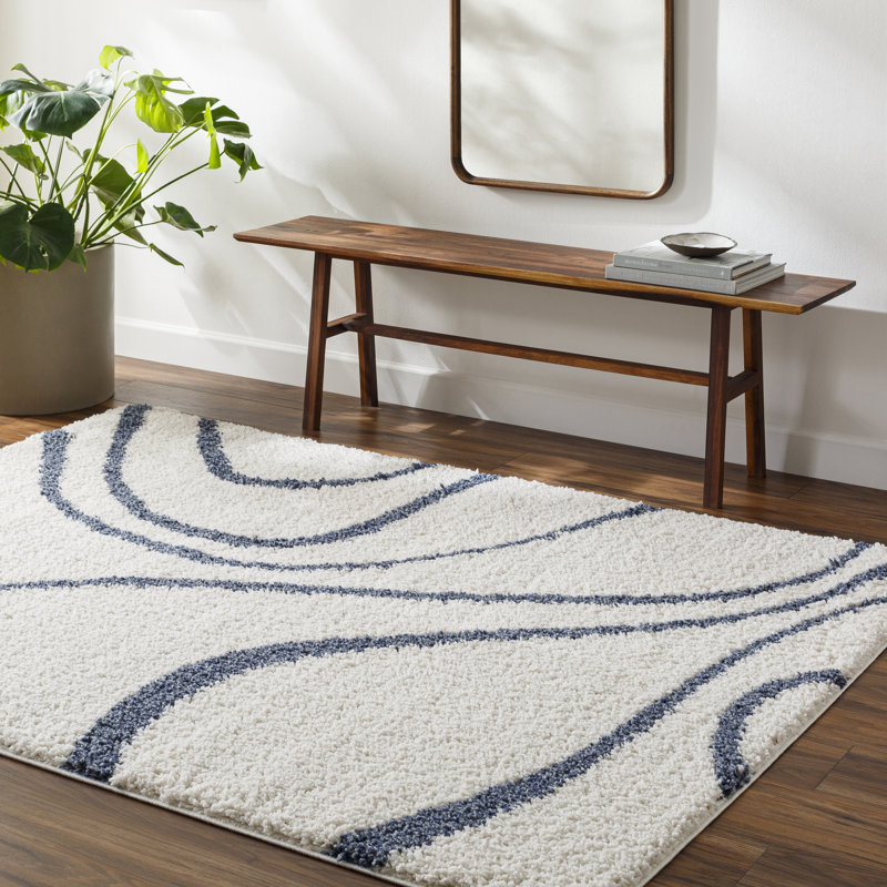 Rectangle Battie Machine Woven Polyester Area Rug in Blue/White, Rectangle 5'3" x 7'
