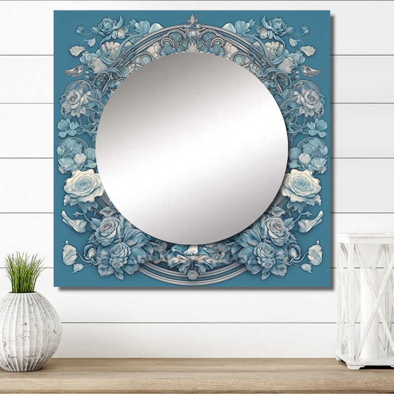 Divine déesse Yogini en bleu divin II - Grand miroir mural carré de yoga pour chambre à coucher, 36 po x 36 po