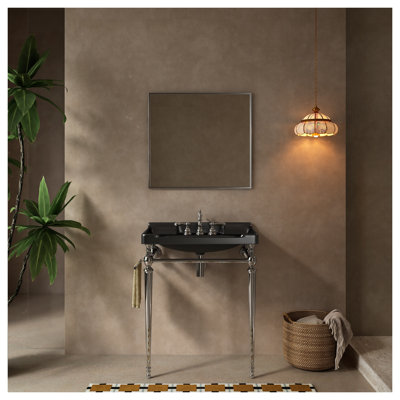 Console de lavabo murale VICI de 28 po avec support en acier inoxydable, lavabo rectangulaire en céramique noire, pieds chromés avec porte-serviettes, 3 trous pré-percés pour robinetterie