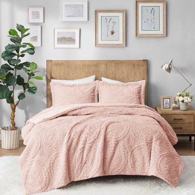 Full/Queen Embroidered Medallion Faux Fur Comforter - Blush Elegant Style Comfortable