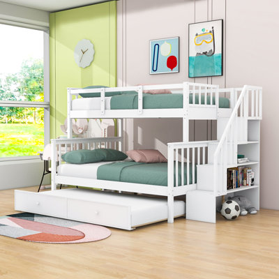 Wood Bunk Bed With Twin Size Trundle,Twin Over Full Bunk Bed With Storage And Guard Rail -  Harriet Bee, 78BF65E30E5947B2A76454E988736B24