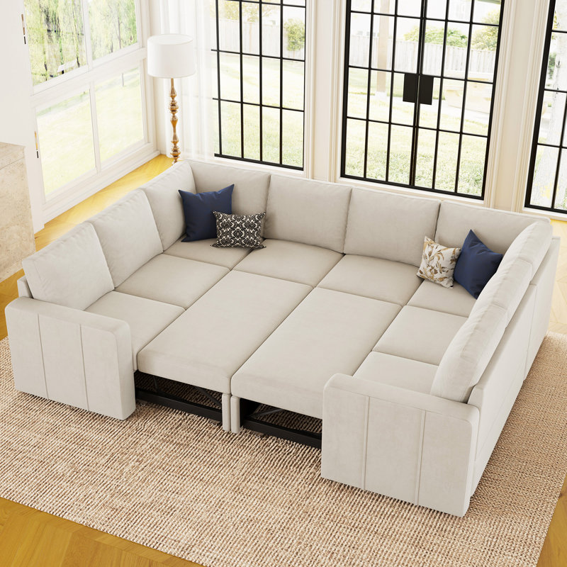 Seybert U Shaped Sofa Oversized Pullout Sofa Bed Modular Sectional Couch Convertible Sleeper, Beige Velvet