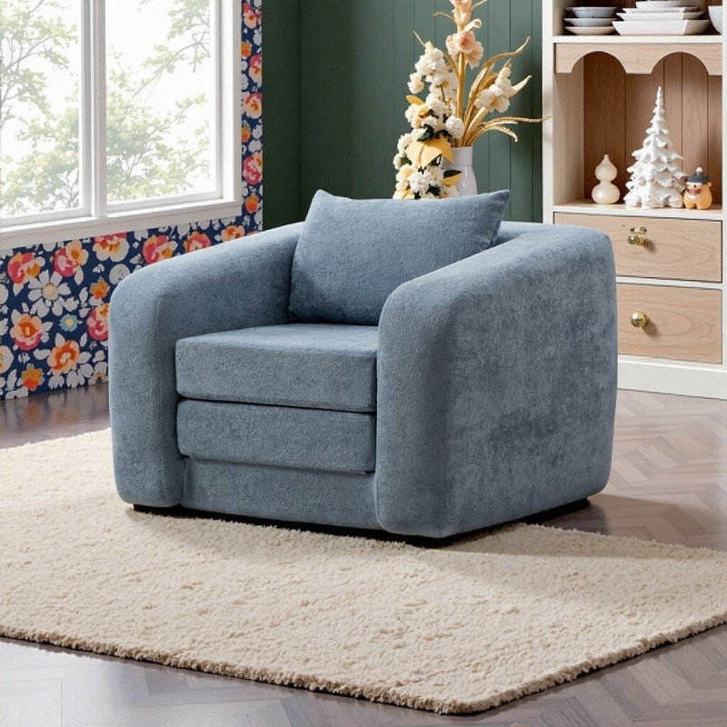 Canapé-lit convertible simple pliable avec accoudoirs et dossier, méridienne en chenille, Bleu clair