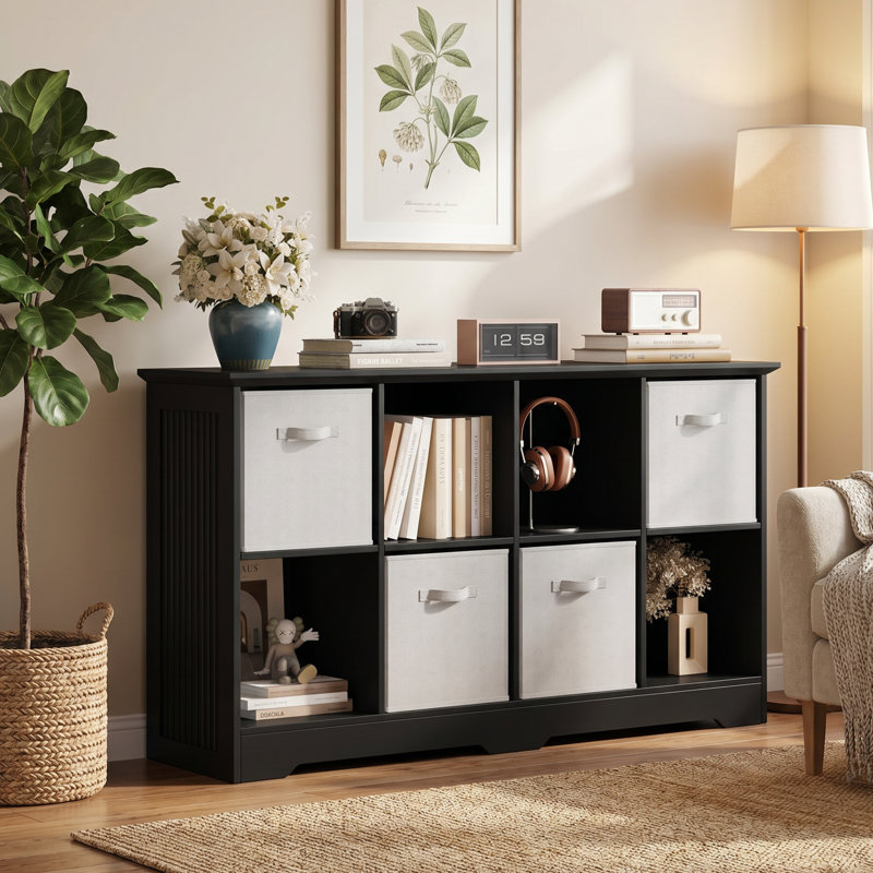 Bibliothèque décorative à 8 cubes avec 4 bacs pliables en tissu, Noir