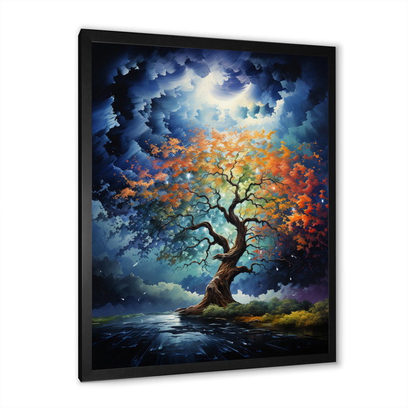 Chêne bleu, rouge, chêne, symphonie I - art mural floral et botanique, salon, Cadre photo noir, H 44 po x l 34 po x P 1,5 po