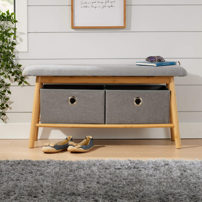 2 Drawer Padded Hallway Bamboo Storage Bench
