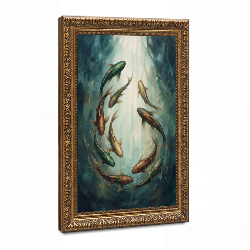 Cercle de poissons koi dans une eau sarcelle, art mural, 24"H x 16"W