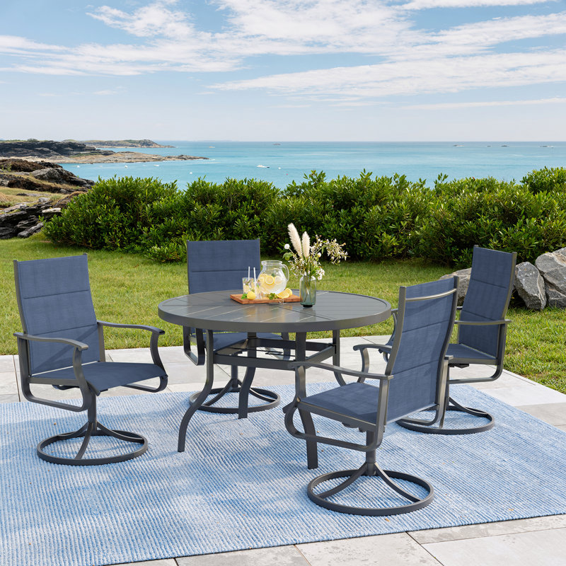 Ensemble de salle à manger 5 pièces imperméable pour terrasse - table ronde d'extérieur et 4 chaises pivotantes rembourrées