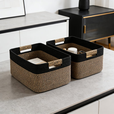 Large Woven Storage Basket 2-Pack With Handles, Foldable Cotton Rope Organizer Bin For Shelves, Closet, Kitchen, Toys, And Home Organization