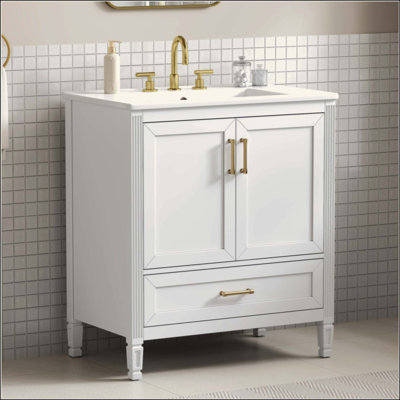 Élégant meuble-lavabo cannelé avec lavabo en céramique, boîte simple, pieds en bois massif, portes et tiroir à fermeture en douceur, tablette de porte