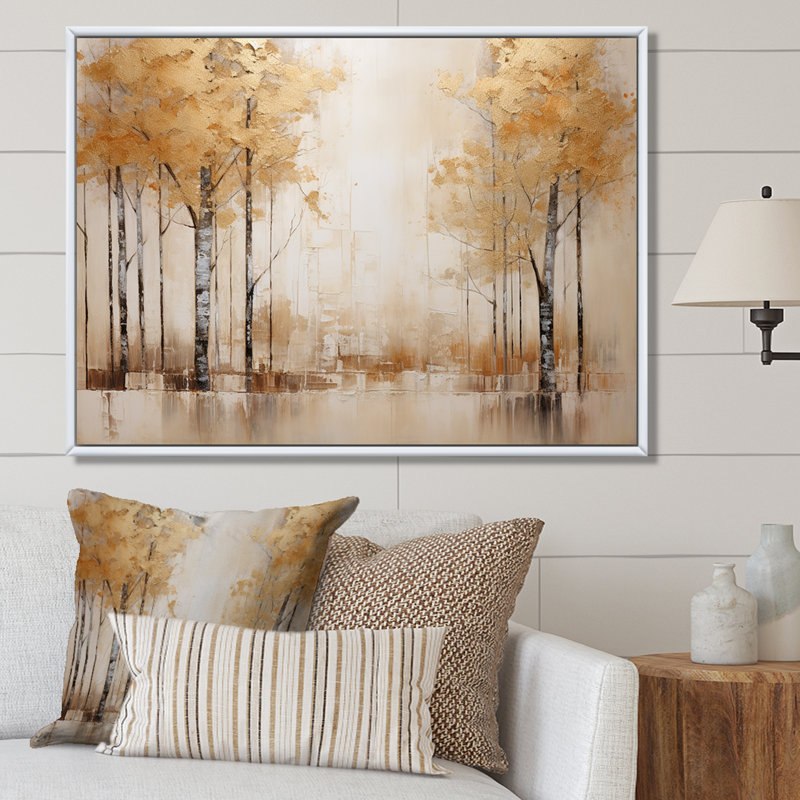 Minimalisme beige et forêt dorée sur toile, Cadre flottant blanc, H 16 po x l 32 po