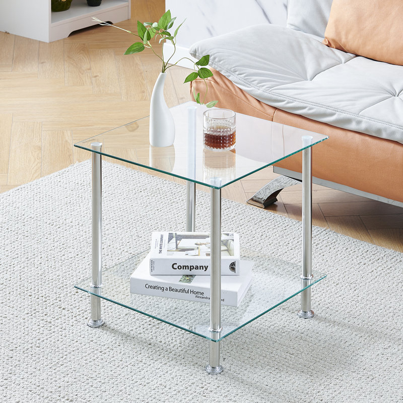 Glass Top End Table, 2 Tiers Rectangular Clear