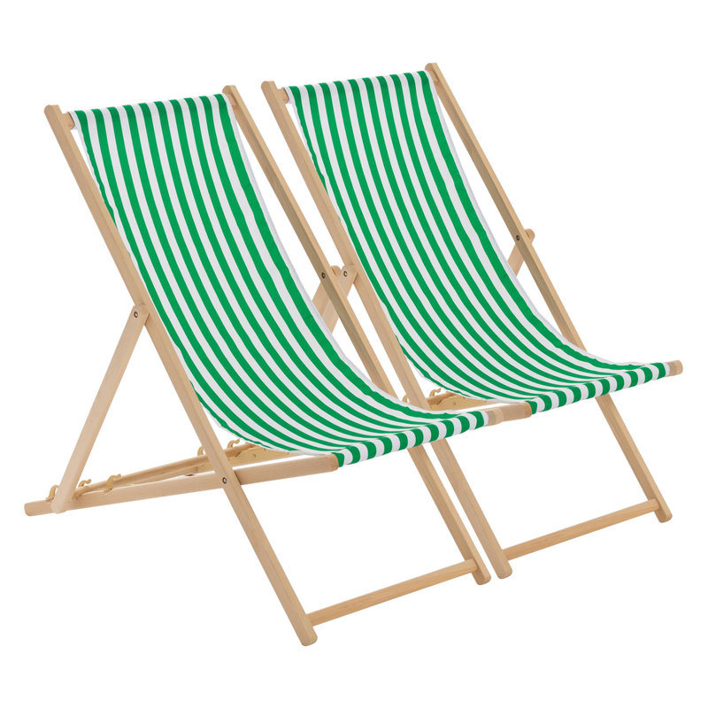 Harbour Housewares - Traditional Wooden Deck Chairs - Set of 2, Green Stripe
